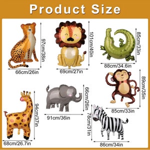 May include: A set of nine inflatable animal balloons for a jungle-themed party. The balloons are in various colours and feature a lion, giraffe, zebra, monkey, elephant, cheetah, and crocodile. The balloons are all approximately 30-40 inches tall.