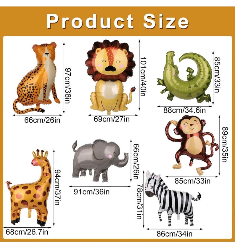 May include: A set of nine inflatable animal balloons for a jungle-themed party. The balloons are in various colours and feature a lion, giraffe, zebra, monkey, elephant, cheetah, and crocodile. The balloons are all approximately 30-40 inches tall.