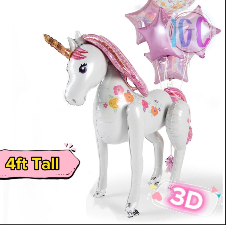 May include: A large white unicorn balloon with pink and yellow floral details. The balloon is 4 feet tall and has a pink mane and tail. The unicorn is holding a pink star balloon in its mouth. The balloon is 3D.