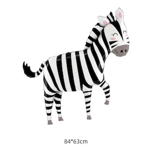 May include: Black and white zebra balloon with a pink nose and eyes. The balloon is 84 inches by 63 inches.