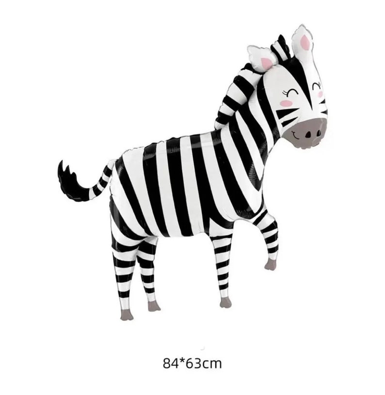 May include: Black and white zebra balloon with a pink nose and eyes. The balloon is 84 inches by 63 inches.