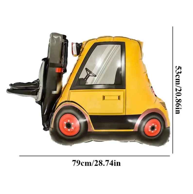 May include: Yellow and black inflatable forklift balloon, 28.74 inches wide and 20.86 inches tall.