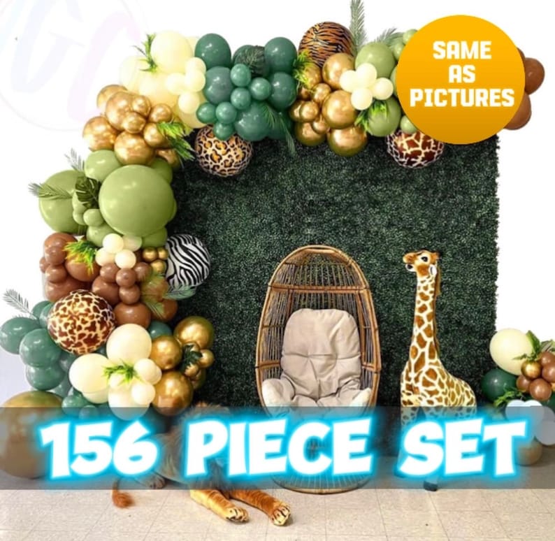 May include: A 156 piece balloon arch kit in green, brown, gold, and white with animal print balloons. The arch is decorated with a stuffed giraffe and a wicker chair. The text "SAME AS PICTURES" is visible in the top right corner of the image.