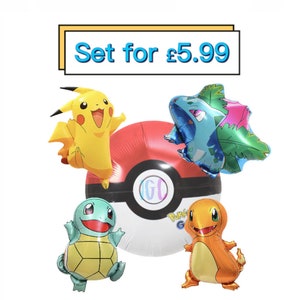 May include: A collection of four foil balloons featuring characters from the popular franchise. Includes Pikachu, Bulbasaur, Squirtle, and Charmander, along with a red and white Poke Ball balloon. The text "Set for" is displayed above the balloons.