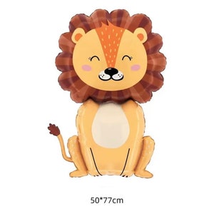 May include: A brown and yellow lion balloon with a smiling face. The balloon is 50 by 77 centimetres.