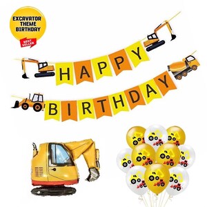 May include: A yellow and orange construction vehicle themed birthday banner with the words "Happy Birthday". The banner is decorated with small construction vehicles. There are also yellow and white balloons with construction vehicles printed on them.