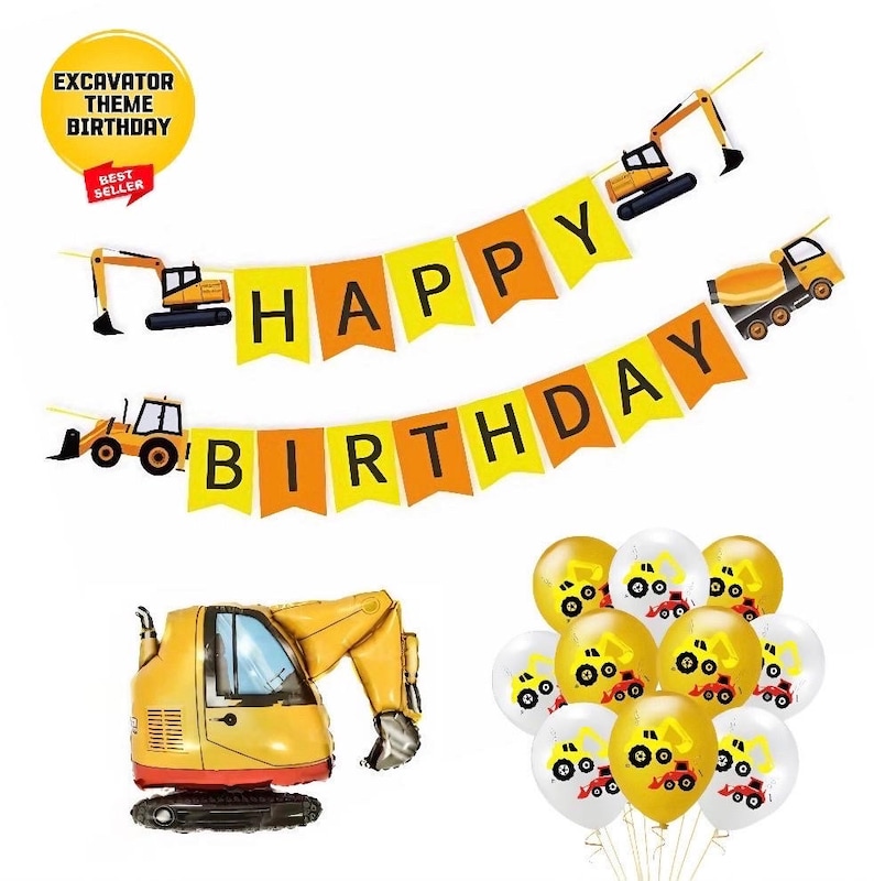 May include: A yellow and orange construction vehicle themed birthday banner with the words "Happy Birthday". The banner is decorated with small construction vehicles. There are also yellow and white balloons with construction vehicles printed on them.