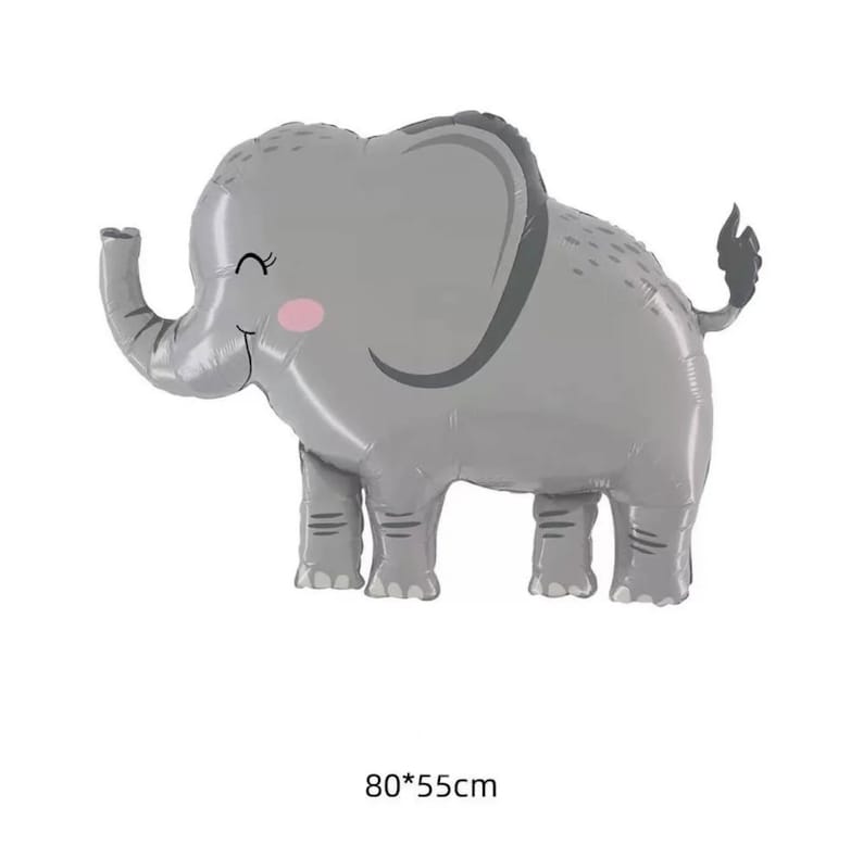 May include: A grey balloon shaped like an elephant with a pink blush on its cheeks and black eyes. The balloon is 80*55cm.
