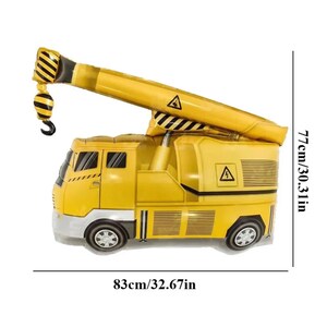 May include: A yellow inflatable construction crane balloon with a black hook. The balloon is 32.67 inches wide and 30.31 inches tall.