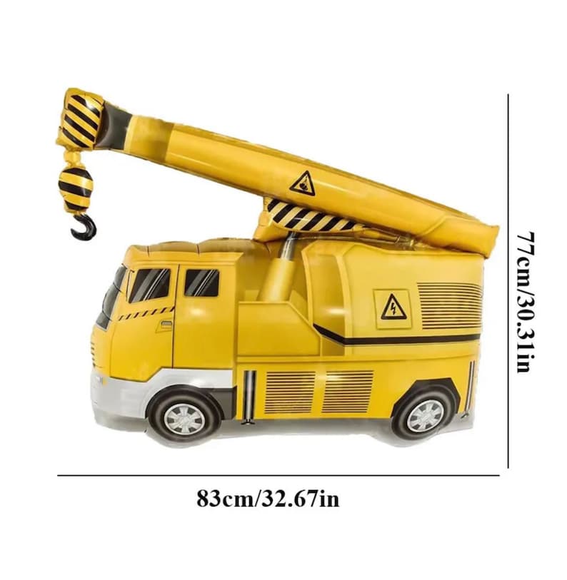 May include: A yellow inflatable construction crane balloon with a black hook. The balloon is 32.67 inches wide and 30.31 inches tall.