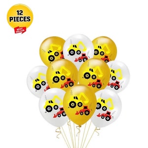 May include: Twelve construction vehicle themed latex balloons, six yellow and six white, with a red and yellow excavator design. The balloons are tied together with white string.