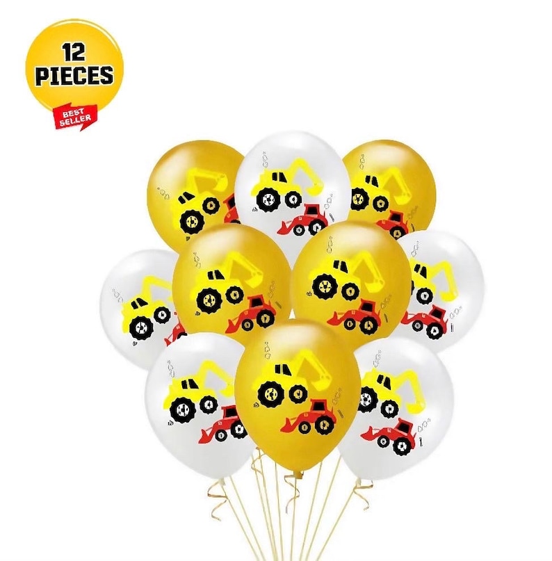 May include: Twelve construction vehicle themed latex balloons, six yellow and six white, with a red and yellow excavator design. The balloons are tied together with white string.