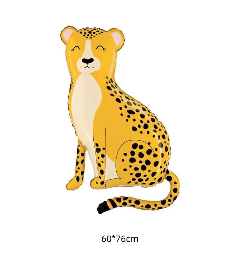 May include: A yellow and black cheetah balloon with a white chest and pink ears. The balloon is 60*76cm.