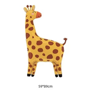 May include: A yellow and brown giraffe balloon with a smiling face. The balloon is 59 cm by 89 cm.
