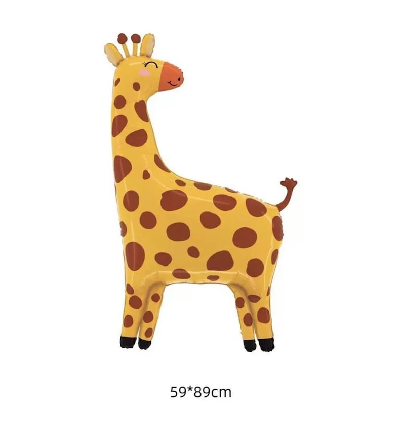 May include: A yellow and brown giraffe balloon with a smiling face. The balloon is 59 cm by 89 cm.