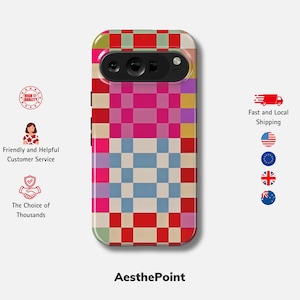 May include: A phone case featuring a vibrant pixelated pattern in red, pink, blue, and yellow. The case has a camera aperture and the text "AesthePoint". Icons for customer service and shipping are also visible.