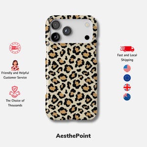 Könnte beinhalten: Eine Handyhülle mit Leopardenmuster. Die Hülle hat einen beigefarbenen Hintergrund mit braunen und schwarzen Flecken. Der Markenname "AesthePoint" ist unten aufgedruckt. Die Hülle hat einen Kameraausschnitt und Knöpfe.