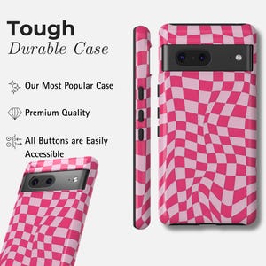 May include: A pink and white chequered phone case. The case is shown from multiple angles, including a side view. Text on the left reads "Tough Durable Case", "Our Most Popular Case", "Premium Quality", and "All Buttons are Easily Accessible".