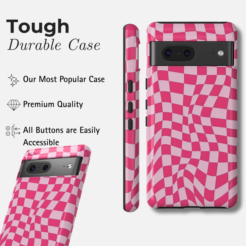 May include: A pink and white chequered phone case. The case is shown from multiple angles, including a side view. Text on the left reads "Tough Durable Case", "Our Most Popular Case", "Premium Quality", and "All Buttons are Easily Accessible".