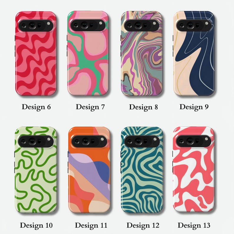 Peut inclure: Huit coques de t&eacute;l&eacute;phone avec divers motifs color&eacute;s. Les coques pr&eacute;sentent des motifs abstraits, notamment des lignes ondul&eacute;es, des tourbillons et des formes organiques dans des tons de rouge, rose, vert, orange, bleu et violet. Chaque coque est num&eacute;rot&eacute;e.