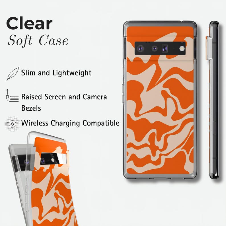 Peut inclure: Coque de t&eacute;l&eacute;phone souple transparente avec un motif tourbillonnant orange et cr&egrave;me. La coque est fine et l&eacute;g&egrave;re, avec des rebords sur&eacute;lev&eacute;s pour l'&eacute;cran et l'appareil photo. Compatible avec le chargement sans fil. Le texte "Clear Soft Case" est en haut.