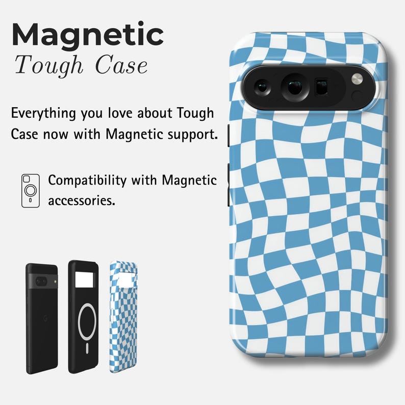 May include: A mobile phone case featuring a blue and white chequered design. The image includes a black phone and two other cases. Text on the image reads "Magnetic Tough Case" and "Everything you love about Tough Case now with Magnetic support."