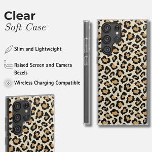 May include: Clear soft case for a smartphone, featuring a leopard print design in tan and black. The case is shown from multiple angles, highlighting its slim, lightweight design, raised bezels, and wireless charging compatibility.