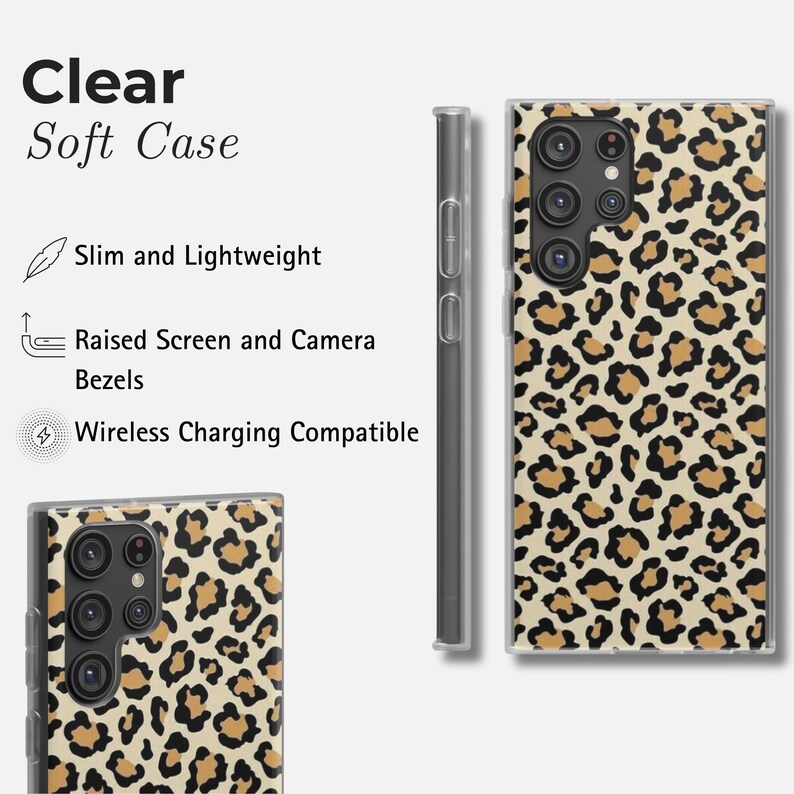 May include: Clear soft case for a smartphone, featuring a leopard print design in tan and black. The case is shown from multiple angles, highlighting its slim, lightweight design, raised bezels, and wireless charging compatibility.