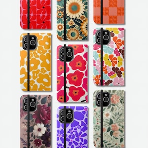 Könnte beinhalten: Eine Sammlung farbenfroher Handyhüllen mit floralen und abstrakten Mustern. Designs umfassen orange, rote und gelbe Blumen sowie geometrische und botanische Drucke. Jede Hülle hat einen schwarzen Riemen und einen Kameraausschnitt.