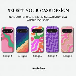 Peut inclure: Pr&eacute;sentation de cinq coques de t&eacute;l&eacute;phone avec des motifs abstraits color&eacute;s. Chaque coque est num&eacute;rot&eacute;e de 1 &agrave; 5. Le texte "SELECT YOUR CASE DESIGN" et des instructions sont en haut. La marque "AesthePoint" est en bas.