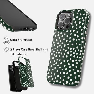 K&ouml;nnte beinhalten: Eine gr&uuml;ne Handyh&uuml;lle mit wei&szlig;en Polka-Dots. Das Bild zeigt die H&uuml;lle aus verschiedenen Blickwinkeln, einschlie&szlig;lich einer zerlegten Ansicht. Der Text auf dem Bild lautet "Ultra Protection" und "2 Piece Case Hard Shell and TPU Interior."
