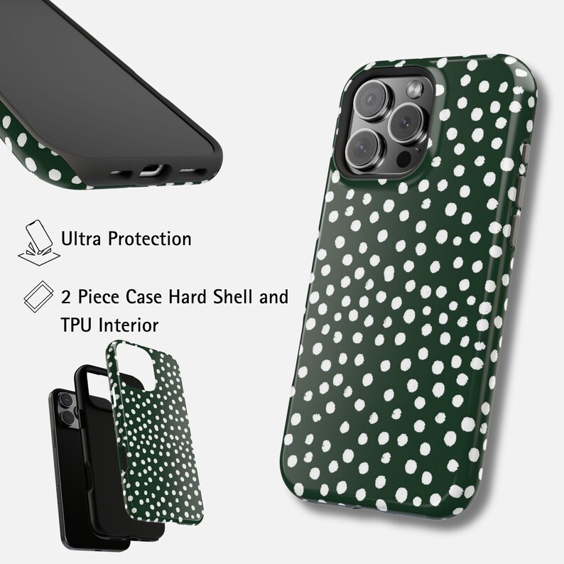 K&ouml;nnte beinhalten: Eine gr&uuml;ne Handyh&uuml;lle mit wei&szlig;en Polka-Dots. Das Bild zeigt die H&uuml;lle aus verschiedenen Blickwinkeln, einschlie&szlig;lich einer zerlegten Ansicht. Der Text auf dem Bild lautet "Ultra Protection" und "2 Piece Case Hard Shell and TPU Interior."