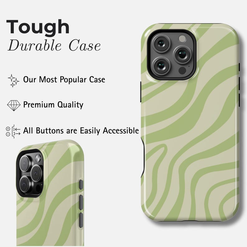 Grüne Wellen iPhone-Hülle für 17 Pro Max, 16 Pro, 15 Plus, 14, 13, 12 Mini, 11 | MagSafe Swirl iPhone Cover Tough Durable Case