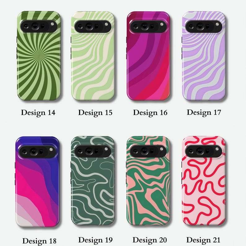 Peut inclure: Huit coques de t&eacute;l&eacute;phone avec des motifs abstraits color&eacute;s. Les coques pr&eacute;sentent des motifs tourbillonnants dans des tons de vert, violet, rose et bleu. Chaque coque a un design unique, avec le texte "Design" suivi d'un num&eacute;ro.