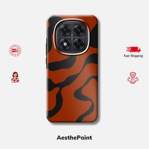 May include: A rectangular smartphone case featuring a wavy, abstract pattern of black lines against a burnt orange background. The case has a large, circular camera cutout at the top containing multiple lenses and a flash. The text AesthePoint is below.