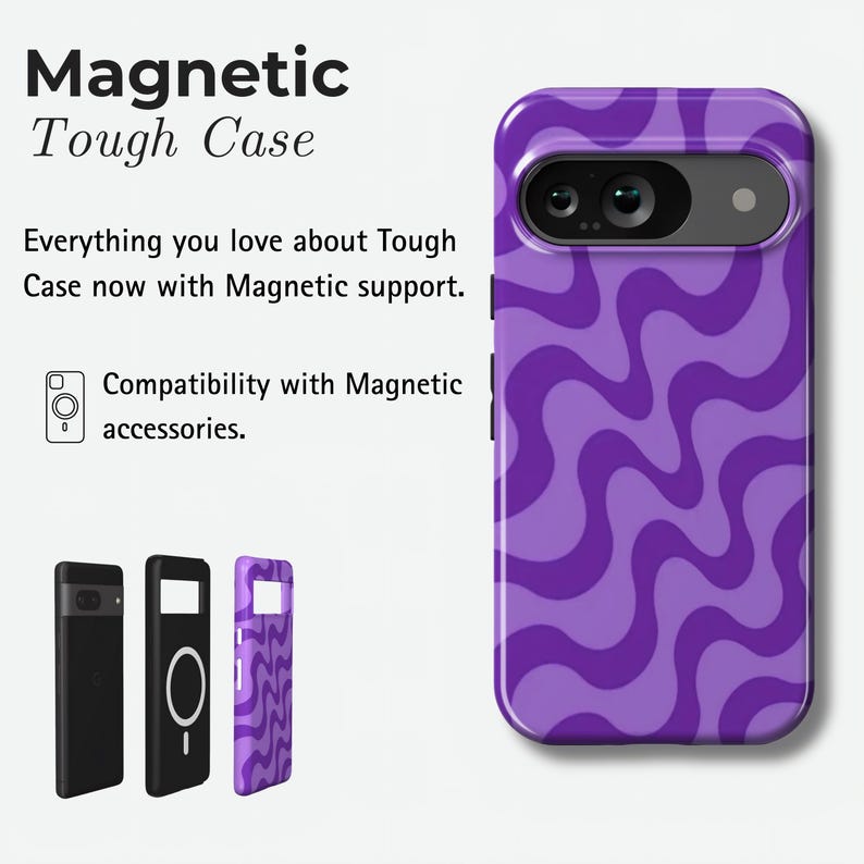 Peut inclure: Coque de t&eacute;l&eacute;phone violette avec un motif ondul&eacute; et le texte "Magnetic Tough Case". La coque est con&ccedil;ue pour les accessoires magn&eacute;tiques. Trois coques suppl&eacute;mentaires sont pr&eacute;sent&eacute;es en noir et violet.