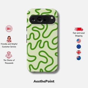 Peut inclure: Coque de t&eacute;l&eacute;phone avec un fond vert clair et un motif r&eacute;p&eacute;titif de lignes ondul&eacute;es vertes. La coque pr&eacute;sente une d&eacute;coupe pour l'appareil photo et le texte "AesthePoint" est visible en bas.