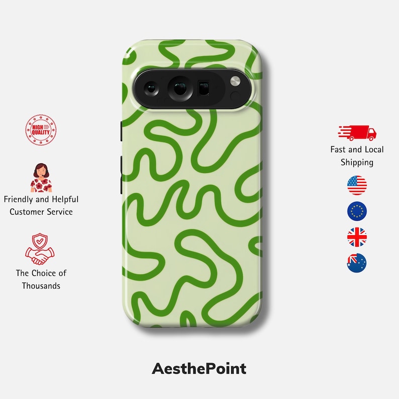 Peut inclure: Coque de t&eacute;l&eacute;phone avec un fond vert clair et un motif r&eacute;p&eacute;titif de lignes ondul&eacute;es vertes. La coque pr&eacute;sente une d&eacute;coupe pour l'appareil photo et le texte "AesthePoint" est visible en bas.