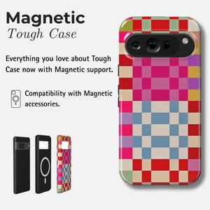 May include: A phone case with a vibrant pixelated pattern in red, pink, blue, and cream. The image includes the text "Magnetic Tough Case" and "Compatibility with Magnetic accessories."