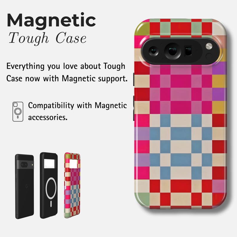 May include: A phone case with a vibrant pixelated pattern in red, pink, blue, and cream. The image includes the text "Magnetic Tough Case" and "Compatibility with Magnetic accessories."