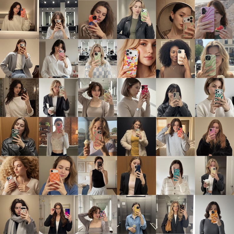Peut inclure: Un collage de femmes tenant des coques de t&eacute;l&eacute;phone &agrave; motifs vari&eacute;s. Les coques pr&eacute;sentent des motifs floraux, des tourbillons abstraits et des imprim&eacute;s animaliers. Les femmes sont dans diff&eacute;rents environnements, mettant en valeur les styles et couleurs des coques.