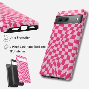 May include: A pink and white chequered phone case with a distorted pattern. The image shows the case from different perspectives, including the inside and outside. The text "Ultra Protection" and "2 Piece Case Hard Shell and TPU Interior" are also visible.