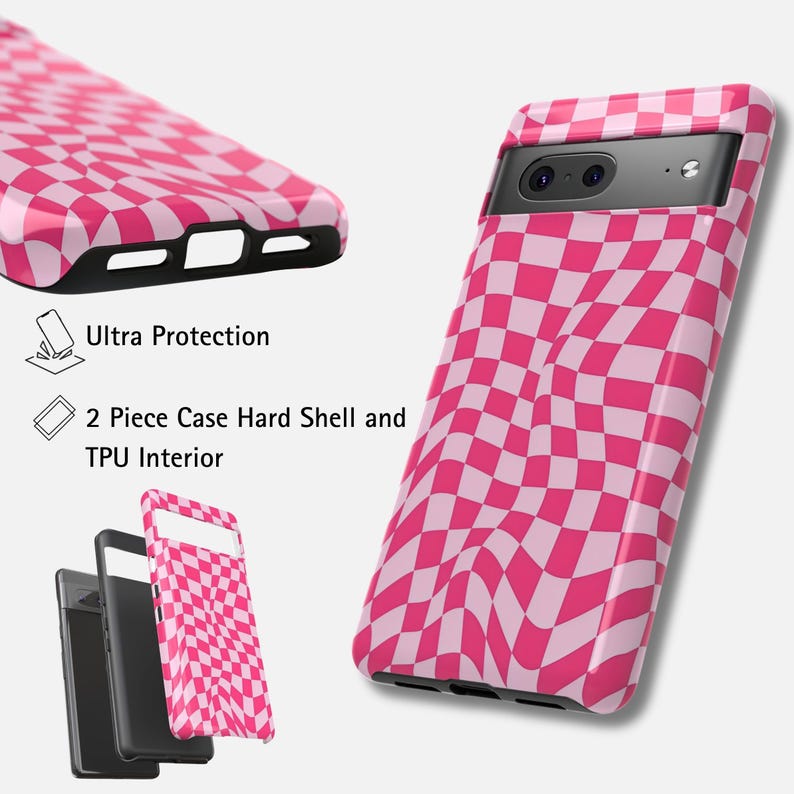 May include: A pink and white chequered phone case with a distorted pattern. The image shows the case from different perspectives, including the inside and outside. The text "Ultra Protection" and "2 Piece Case Hard Shell and TPU Interior" are also visible.