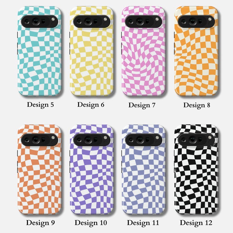 May include: Eight phone cases with a distorted checkerboard design in various colours. The cases include designs in teal, yellow, pink, orange, orange and white, purple, blue, and black and white. Each case has a camera cutout and the text "Design" followed by a number.
