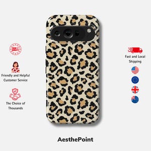 May include: A phone case with a leopard print design. The case features a pattern of black and brown spots on a beige background. The text "AesthePoint" is at the bottom of the case.
