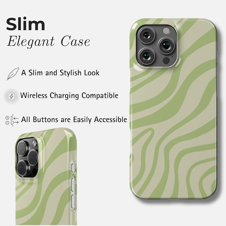 Grüne Wellen iPhone-Hülle für 17 Pro Max, 16 Pro, 15 Plus, 14, 13, 12 Mini, 11 | MagSafe Swirl iPhone Cover Slim Elegant Case