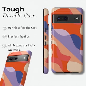 Peut inclure: Coque de t&eacute;l&eacute;phone r&eacute;sistante avec un motif abstrait color&eacute; dans les tons orange, violet et beige. Le texte "Tough Durable Case", "Our Most Popular Case", "Premium Quality", et "All Buttons are Easily Accessible" est visible.