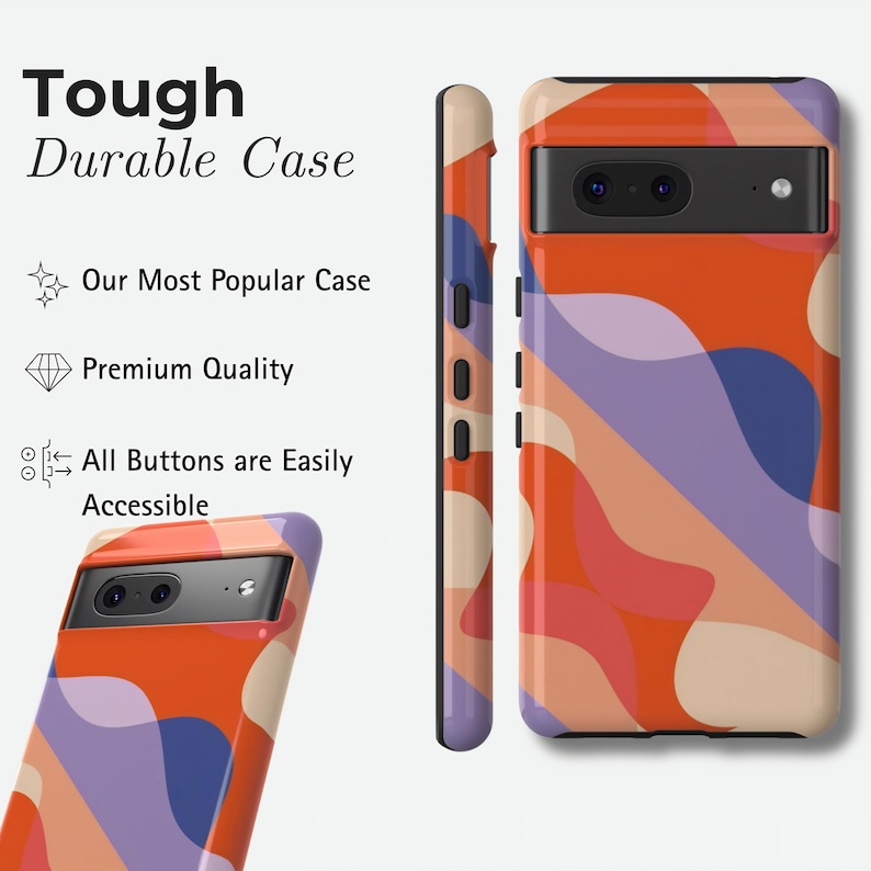 Peut inclure: Coque de t&eacute;l&eacute;phone r&eacute;sistante avec un motif abstrait color&eacute; dans les tons orange, violet et beige. Le texte "Tough Durable Case", "Our Most Popular Case", "Premium Quality", et "All Buttons are Easily Accessible" est visible.