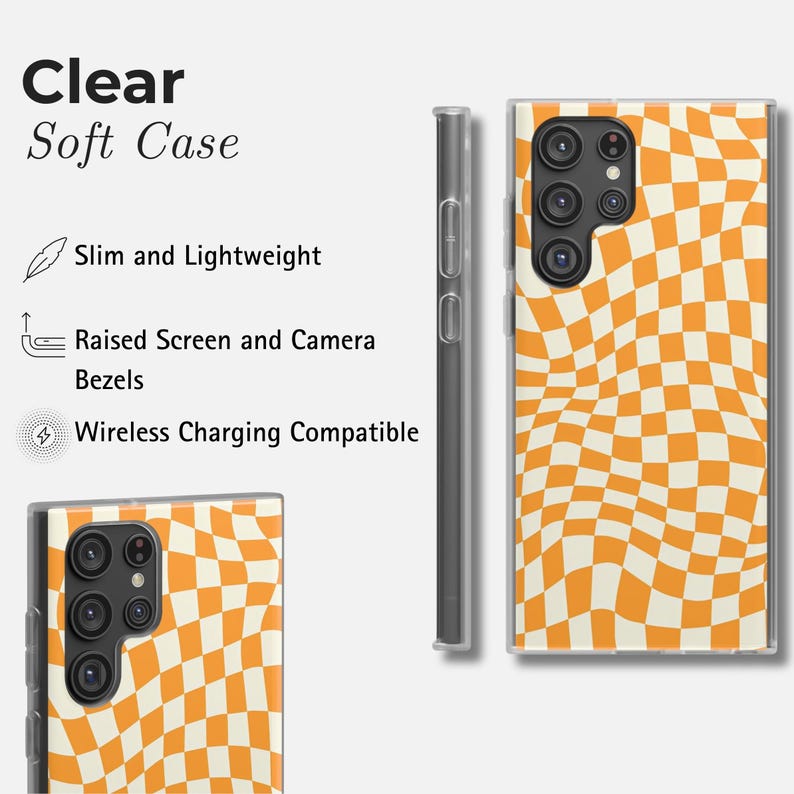 May include: A clear soft phone case featuring an orange and white chequered design. The case is slim and lightweight, with raised bezels for the screen and camera. It is wireless charging compatible. The text "Clear Soft Case" is at the top.