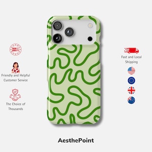 May include: A pale green phone case featuring a design of dark green, abstract, flowing lines. The case has a camera aperture and the text "AesthePoint". Additional icons and text indicate high quality, customer service, and fast shipping.